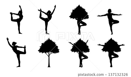 Black Solid Balance Grace Dancer Yoga Silhouettes Set of Six on White Background 137132326