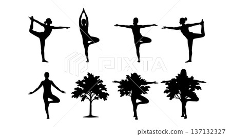 Black Solid Balance Grace Dancer Yoga Silhouettes Set of Six on White Background Black Solid Balance Grace Dancer Yoga Silhouettes Set of Six on White Background 137132327