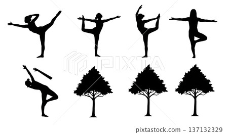Black Solid Balance Grace Tree Yoga Silhouettes Set of Six on White Background 137132329