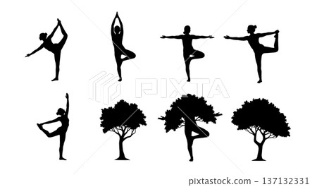 Black Solid Balance Grace Tree Yoga Silhouettes Set of Six on White Background Black Solid Balance Grace Tree Yoga Silhouettes Set of Six on White Background 137132331