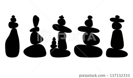 Black Solid Balancing Rock Silhouettes Set of Six on White Background 137132333
