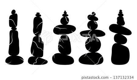 Black Solid Balancing Rock Silhouettes Set of Six on White Background Black Solid Balancing Rock Silhouettes Set of Six on White Background 137132334