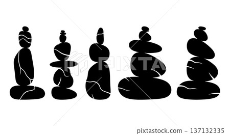 Black Solid Balancing Rock Silhouettes Set of Six on White Background 137132335