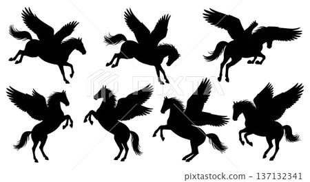 Black Solid Barrel Roll Pegasus Silhouettes Set of Six on White Background Black Solid Barrel Roll Pegasus Silhouettes Set of Six on White Background 137132341