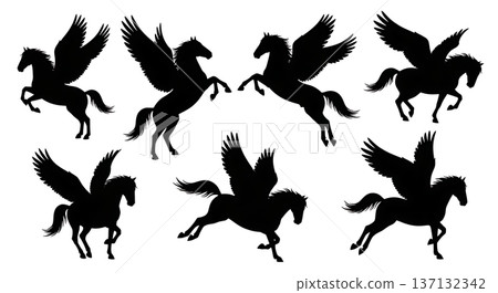 Black Solid Barrel Roll Pegasus Silhouettes Set of Six on White Background Black Solid Barrel Roll Pegasus Silhouettes Set of Six on White Background 137132342
