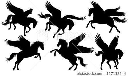 Black Solid Barrel Roll Pegasus Silhouettes Set of Six on White Background Black Solid Barrel Roll Pegasus Silhouettes Set of Six on White Background 137132344
