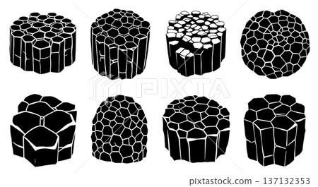 Black Solid Basalt Column Silhouettes Set of Six on White Background Black Solid Basalt Column Silhouettes Set of Six on White Background 137132353