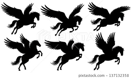 Black Solid Battle Dive Pegasus Silhouettes Set of Six on White Background 137132358