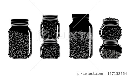Black Solid Bean Jar Silhouettes Set of Six on White Background Black Solid Bean Jar Silhouettes Set of Six on White Background 137132364