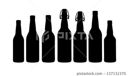 Black Solid Beer Bottle Silhouettes Set of Six on White Background Black Solid Beer Bottle Silhouettes Set of Six on White Background 137132370