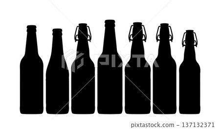 Black Solid Beer Bottle Silhouettes Set of Six on White Background Black Solid Beer Bottle Silhouettes Set of Six on White Background 137132371