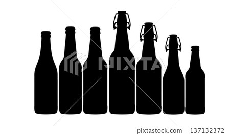 Black Solid Beer Bottle Silhouettes Set of Six on White Background 137132372