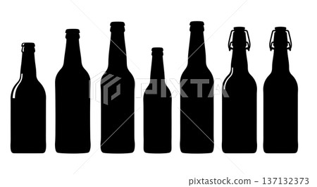 Black Solid Beer Bottle Silhouettes Set of Six on White Background 137132373