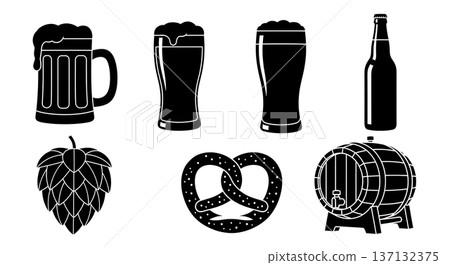 Black Solid Beer Silhouettes Set of Six on White Background 137132375