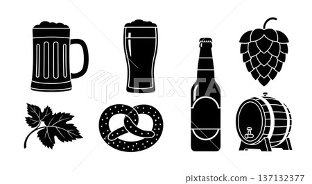 Black Solid Beer Silhouettes Set of Six on White Background Black Solid Beer Silhouettes Set of Six on White Background 137132377