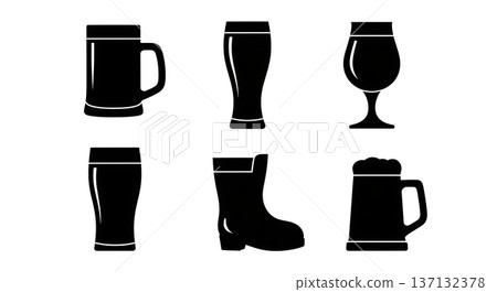 Black Solid Beer Glass Silhouettes Set of Six on White Background Black Solid Beer Glass Silhouettes Set of Six on White Background 137132378