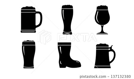 Black Solid Beer Glass Silhouettes Set of Six on White Background 137132380