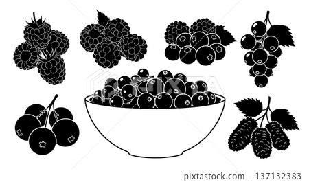 Black Solid Berry Bowl Silhouettes Set of Six on White Background 137132383
