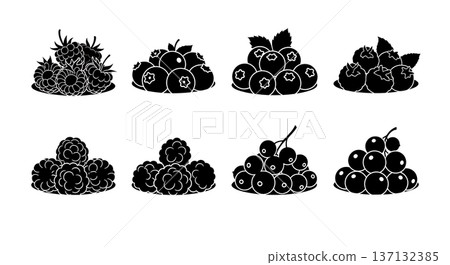 Black Solid Berry Bowl Silhouettes Set of Six on White Background 137132385