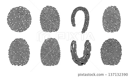 Black Solid Biometric Fingerprint Silhouettes Set of Six on White Background Black Solid Biometric Fingerprint Silhouettes Set of Six on White Background 137132390