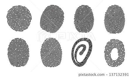 Black Solid Biometric Fingerprint Silhouettes Set of Six on White Background Black Solid Biometric Fingerprint Silhouettes Set of Six on White Background 137132391