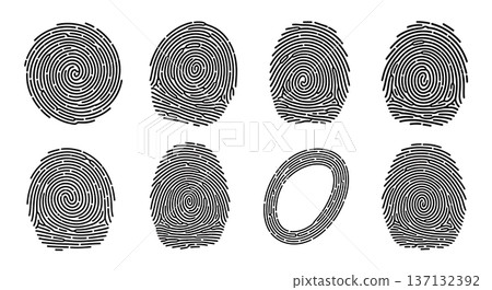 Black Solid Biometric Fingerprint Silhouettes Set of Six on White Background Black Solid Biometric Fingerprint Silhouettes Set of Six on White Background 137132392