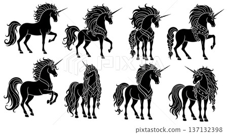 Black Solid Braided Unicorn Silhouettes Set of Six on White Background Black Solid Braided Unicorn Silhouettes Set of Six on White Background 137132398