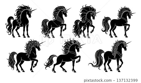Black Solid Braided Unicorn Silhouettes Set of Six on White Background 137132399