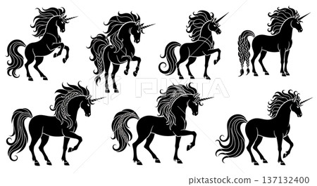 Black Solid Braided Unicorn Silhouettes Set of Six on White Background Black Solid Braided Unicorn Silhouettes Set of Six on White Background 137132400
