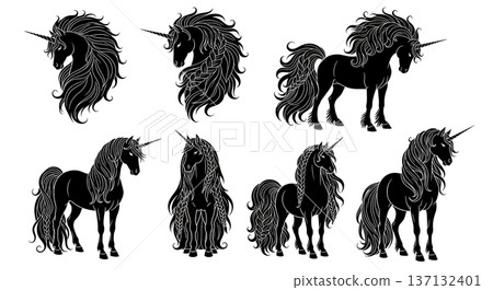 Black Solid Braided Unicorn Silhouettes Set of Six on White Background Black Solid Braided Unicorn Silhouettes Set of Six on White Background 137132401