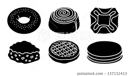 Black Solid Breakfast Pastry Silhouettes Set of Six on White Background Black Solid Breakfast Pastry Silhouettes Set of Six on White Background 137132413