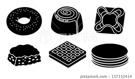 Black Solid Breakfast Pastry Silhouettes Set of Six on White Background 137132414