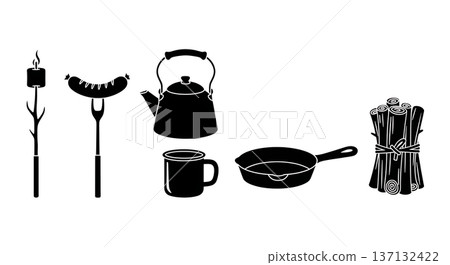 Black Solid Campfire Cooking Silhouettes Set of Six on White Background Black Solid Campfire Cooking Silhouettes Set of Six on White Background 137132422