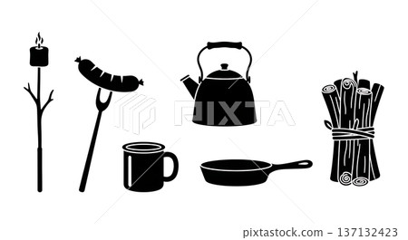 Black Solid Campfire Cooking Silhouettes Set of Six on White Background Black Solid Campfire Cooking Silhouettes Set of Six on White Background 137132423