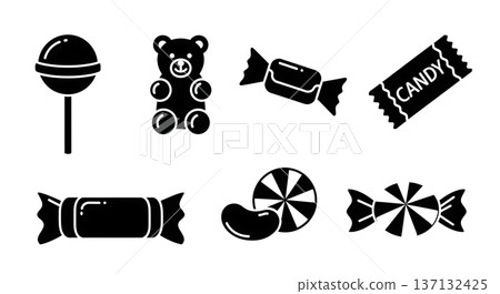 Black Solid Candy Silhouettes Set of Six on White Background Black Solid Candy Silhouettes Set of Six on White Background 137132425