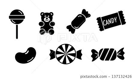 Black Solid Candy Silhouettes Set of Six on White Background Black Solid Candy Silhouettes Set of Six on White Background 137132426