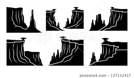Black Solid Canyon Edge Lookout Silhouettes Set of Six on White Background Black Solid Canyon Edge Lookout Silhouettes Set of Six on White Background 137132437