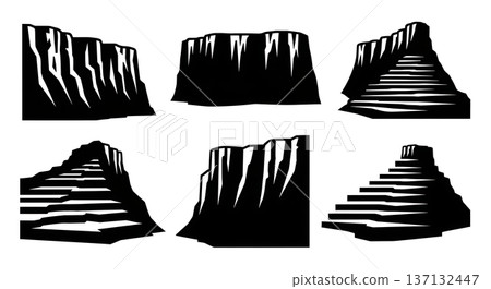 Black Solid Canyon Wall Terrace Silhouettes Set of Six on White Background 137132447