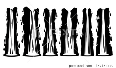 Black Solid Cascading Waterfall Silhouettes Set of Six on White Background 137132449