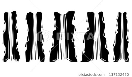 Black Solid Cascading Waterfall Silhouettes Set of Six on White Background 137132450