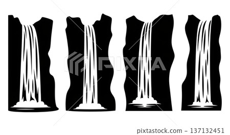 Black Solid Cascading Waterfall Silhouettes Set of Six on White Background Black Solid Cascading Waterfall Silhouettes Set of Six on White Background 137132451