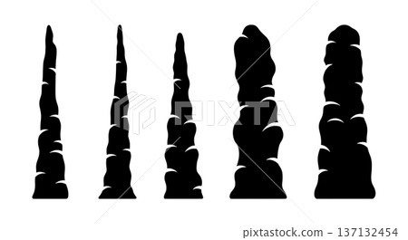 Black Solid Cave Column Formation Silhouettes Set of Six on White Background Black Solid Cave Column Formation Silhouettes Set of Six on White Background 137132454