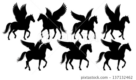 Black Solid Celestial Pegasus Silhouettes Set of Six on White Background 137132462
