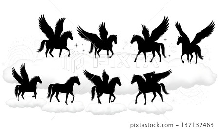 Black Solid Celestial Pegasus Silhouettes Set of Six on White Background 137132463
