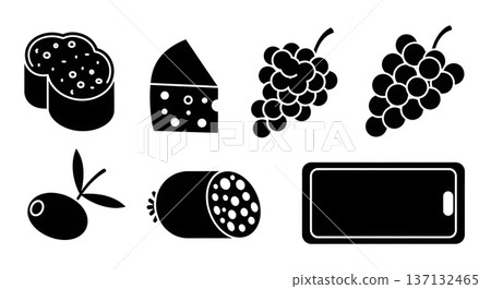 Black Solid Charcuterie Silhouettes Set of Six on White Background Black Solid Charcuterie Silhouettes Set of Six on White Background 137132465