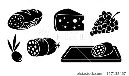 Black Solid Charcuterie Silhouettes Set of Six on White Background 137132467