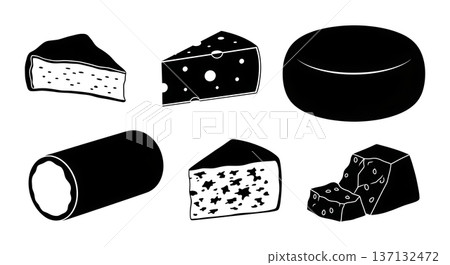 Black Solid Cheese Silhouettes Set of Six on White Background 137132472