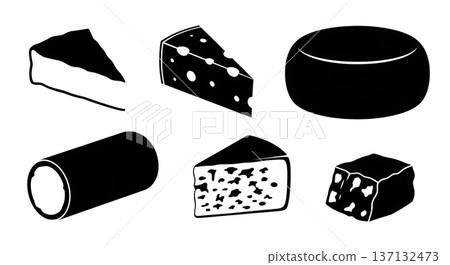 Black Solid Cheese Silhouettes Set of Six on White Background Black Solid Cheese Silhouettes Set of Six on White Background 137132473