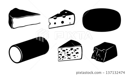 Black Solid Cheese Silhouettes Set of Six on White Background Black Solid Cheese Silhouettes Set of Six on White Background 137132474