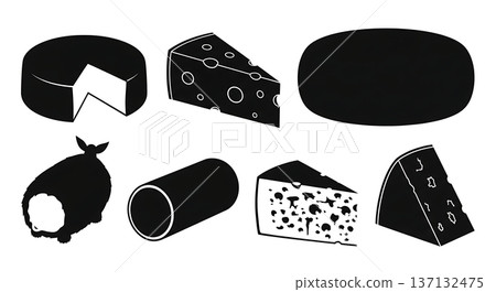 Black Solid Cheese Silhouettes Set of Six on White Background Black Solid Cheese Silhouettes Set of Six on White Background 137132475
